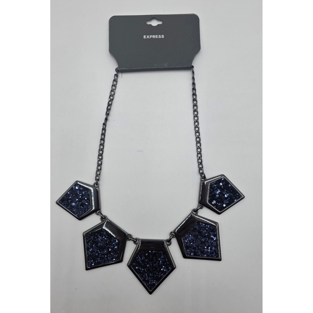 Express Navy Blue Glitter Geometric Bib Statement Necklace Gunmetal Tone Chain